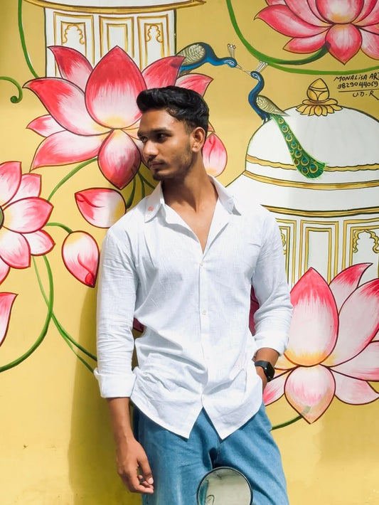 White Hand-Embroidered Cotton Shirt – Minimal Elegance by Ahsaas Udaipur