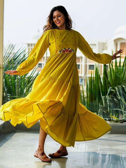 Lemon Yellow Tear Maxi Dress, Handmade with Premium Cotton