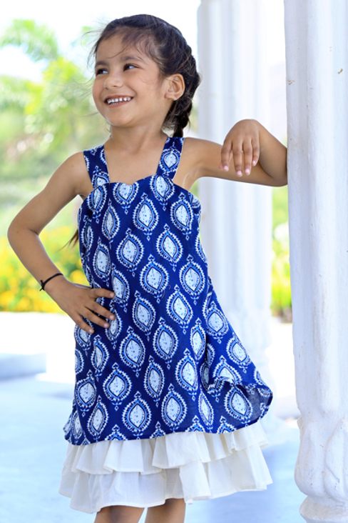 Natural Indigo Blue Hand Printed Dress, Handmade with Premium Cotton