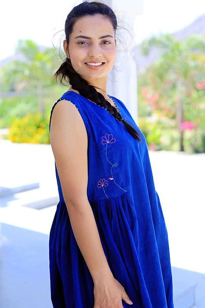Blue Indigo Short Dress, Anchor Thread Embroidery, Handmade with Premium Cotton