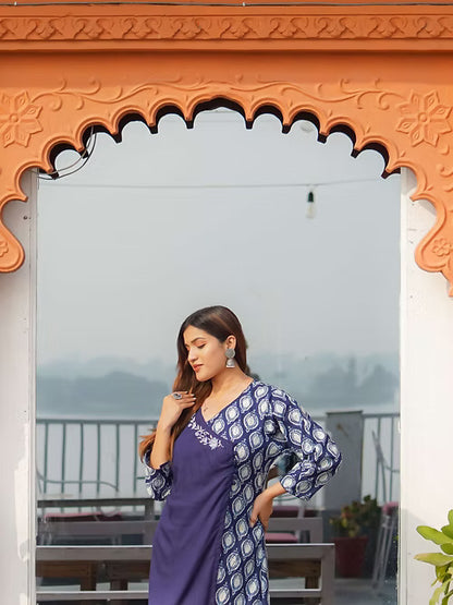 Natural Blue Indigo Angrakha Style Kurta, Handmade with Premium Cotton