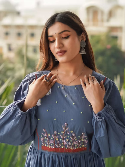 Blue'ish Grey Tear Maxi Dress, Handmade with Premium Cotton