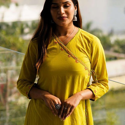 Lemon Yellow Angrakha Style Kurta, Handmade with Premium Cotton