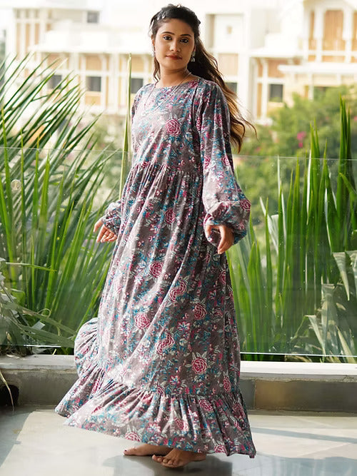 Elegant Blue Flower Print Designer Maxi Dress, Handmade with Premium Cotton