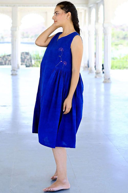 Blue Indigo Short Dress, Anchor Thread Embroidery, Handmade with Premium Cotton