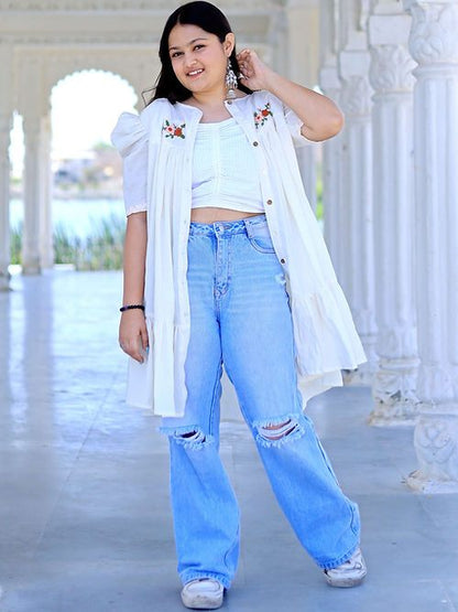 Elegant Pure White Short Tear Dress, Handmade, Premium Cotton & Hand Embroidery