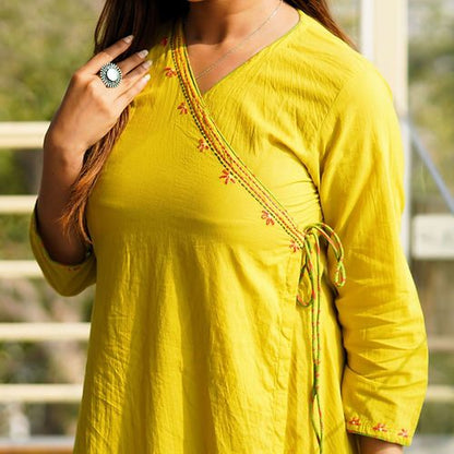 Lemon Yellow Angrakha Style Kurta, Handmade with Premium Cotton