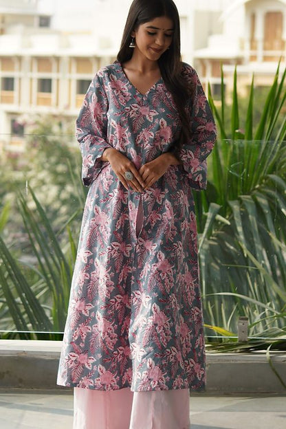 Pink & Grey Floral (3 Pcs) Palazzo Suit, Handmade with Premium Co