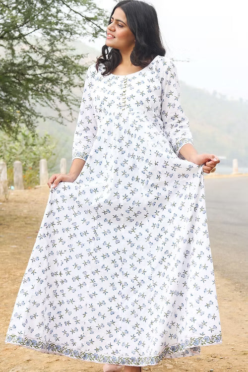 Bright White Designer Anarkali Dress, with Handblock Print & Premium Cotton