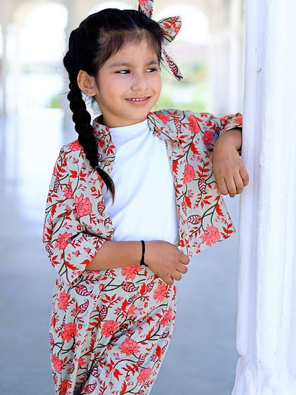 Cute Coral Floral Print Cord Set, Handmade with Premium Cotton