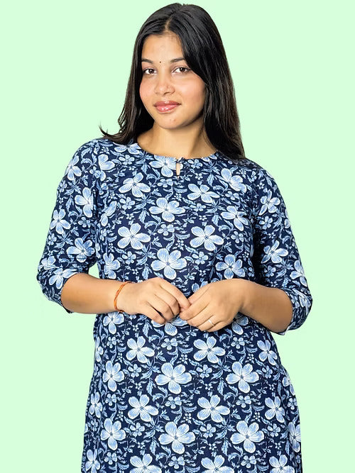 Blue Floral Print Casual Straight Kurta, Handmade with Premium Cotton