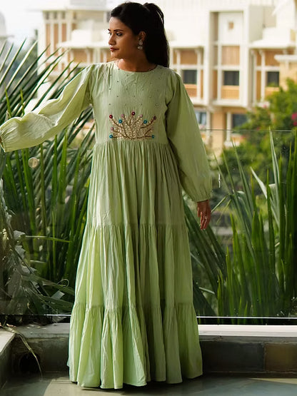Elegant Pastel Green Tear Maxi Dress, with Hand Embroidery, Gota-Patti Ahsaas udaipur Elegant Pastel Green Tear Maxi Dress, with Hand Embroidery, Gota-Patti Ahsaas udaipur
