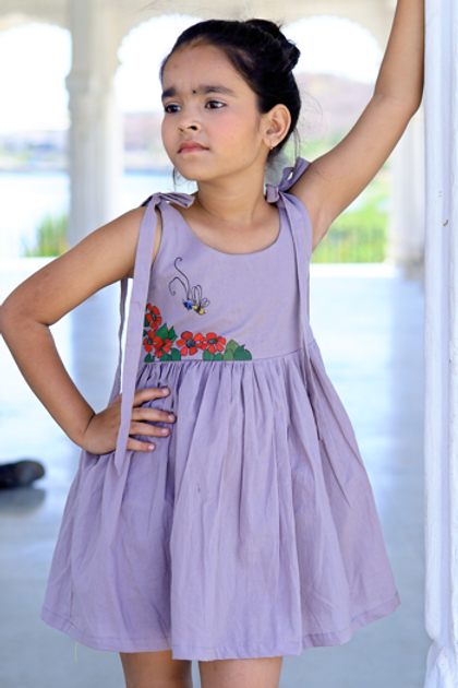 Lavender Hand Printed Dress, Handmade with Premium Cotton