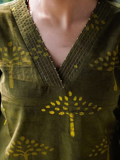 Green Dabboo Print Straight Kurta, Handmade with Premium Cotton