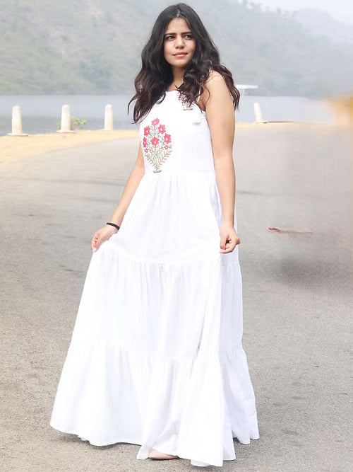 Bright White Desinger Short Dress, with Handblock Flower Print & Premuim Cotton