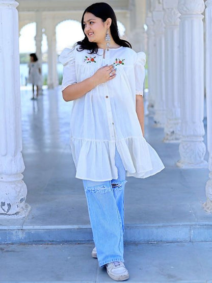 Elegant Pure White Short Tear Dress, Handmade, Premium Cotton & Hand Embroidery