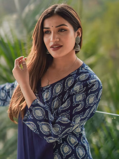 Natural Blue Indigo Angrakha Style Kurta, Handmade with Premium Cotton