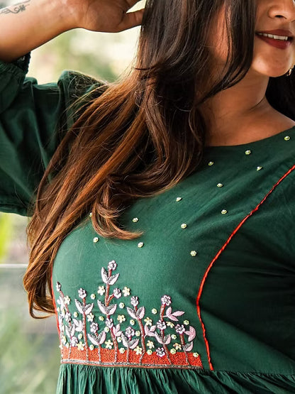 Dark Green Tear Maxi Dress, Handmade, Resham & Cut-Dana work