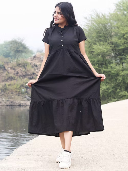 Intence Black Two Tear Designer Maxi Dress, Handmade with Premuim Cotton