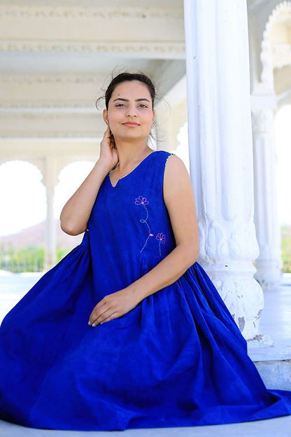 Blue Indigo Short Dress, Anchor Thread Embroidery, Handmade with Premium Cotton