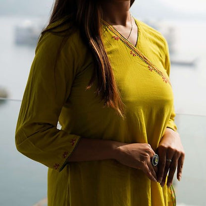 Lemon Yellow Angrakha Style Kurta, Handmade with Premium Cotton