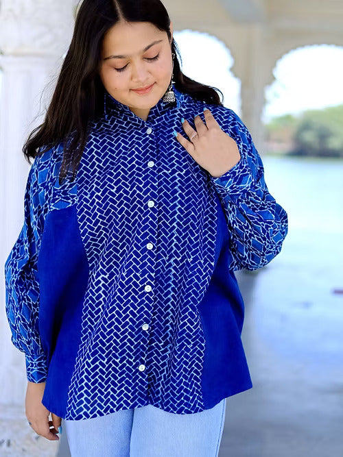 Natural Blue Indigo Loose-fit Antique Shirt, Handmade with Premium Cotton