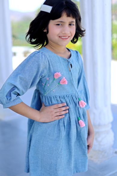 Light Blue Short Dress, Hand Embroidery, Handmade with Premium Cotton