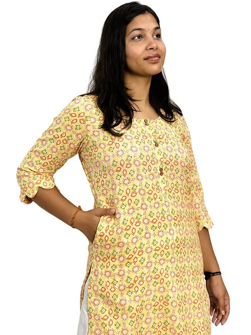 Yellow Floral Print Casual Straight Kurta, Handmade with Premium Cotton
