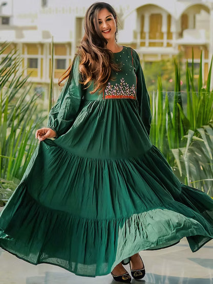 Dark Green Tear Maxi Dress, Handmade, Resham & Cut-Dana work