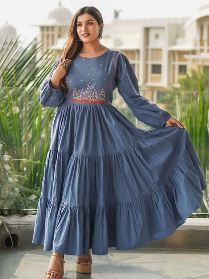 Blue'ish Grey Tear Maxi Dress, Handmade with Premium Cotton