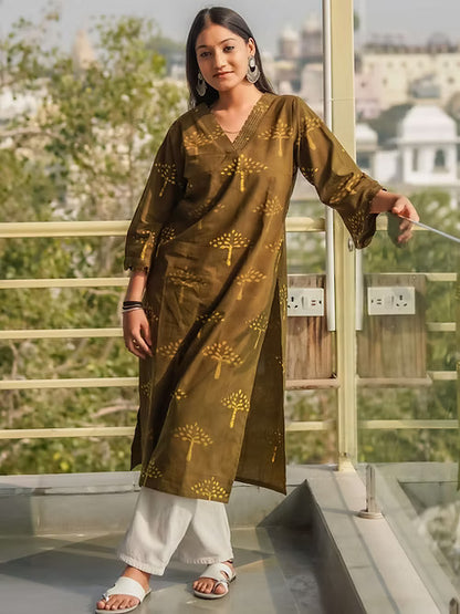 Green Dabboo Print Straight Kurta, Handmade with Premium Cotton