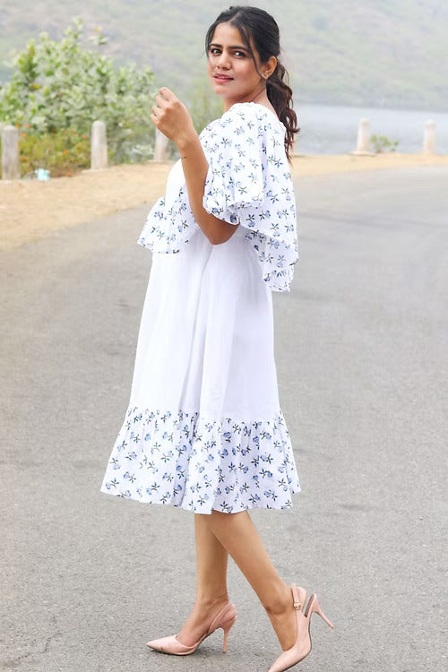 Bright White Desinger Short Dress, with Handblock Flower Print & Premuim Cotton