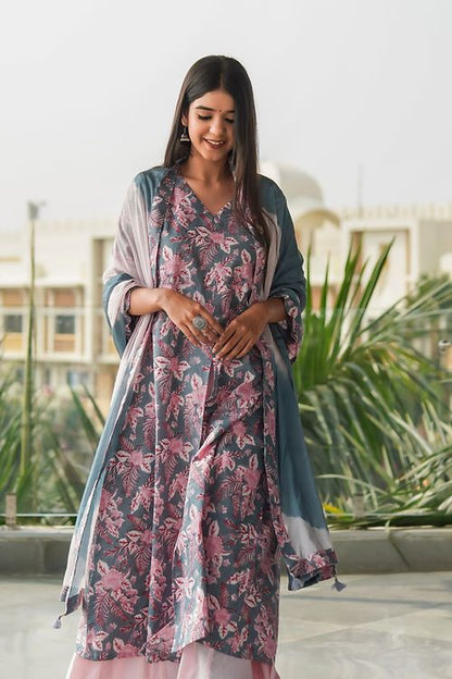 Pink & Grey Floral (3 Pcs) Palazzo Suit, Handmade with Premium Co