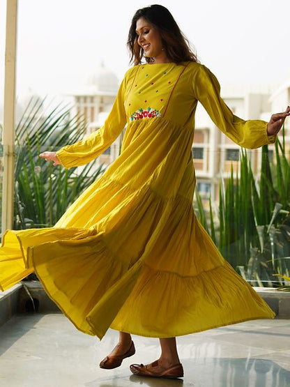 Lemon Yellow Tear Maxi Dress, Handmade with Premium Cotton