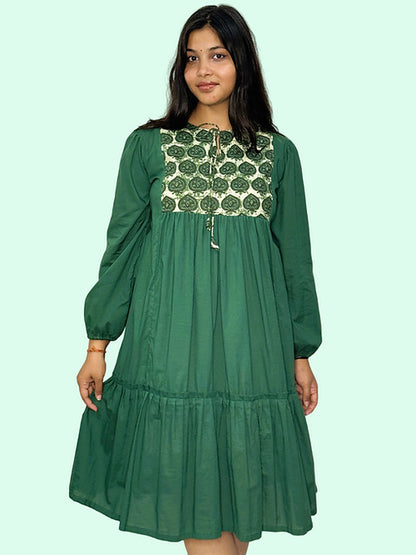 Dence Green Boho Style Casual Dress, Handmade with Premium Cotton