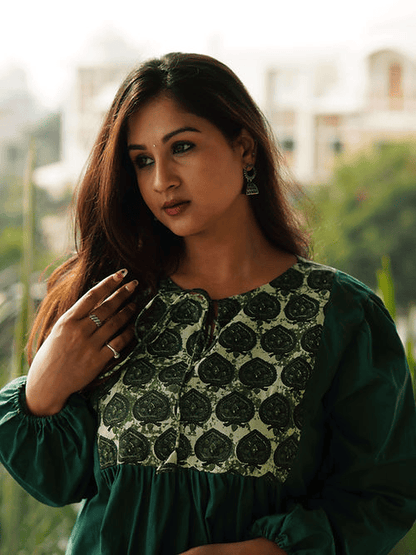 Dence Green Boho Style Casual Dress, Handmade with Premium Cotton