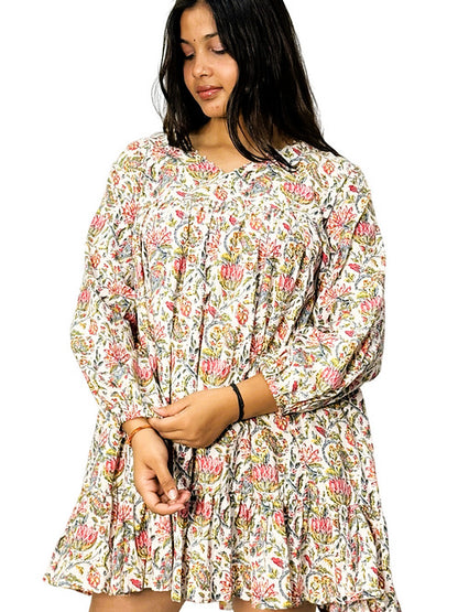Pink Floral Boho Style Tear Mini Dress, Handmade with Premium Cotton
