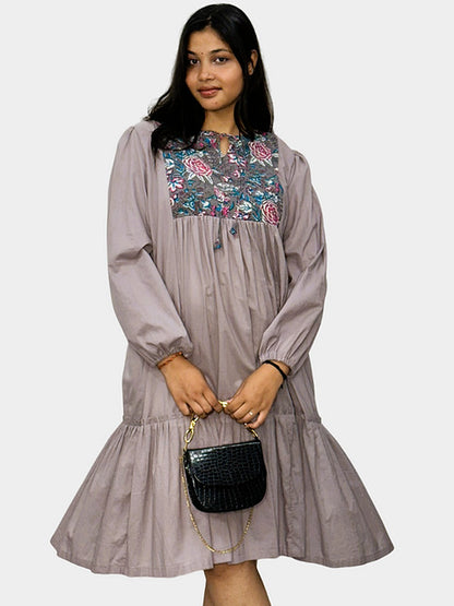 Dark Lavendor Casual Boho Style Dress, Handmade with Premium Cotton