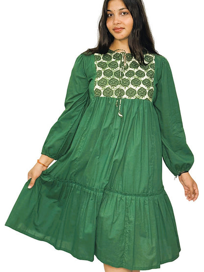 Dence Green Boho Style Casual Dress, Handmade with Premium Cotton