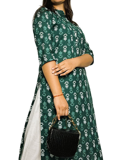 Green Butta Print Casual Straight Kurta, Handmade with Premium Cotton