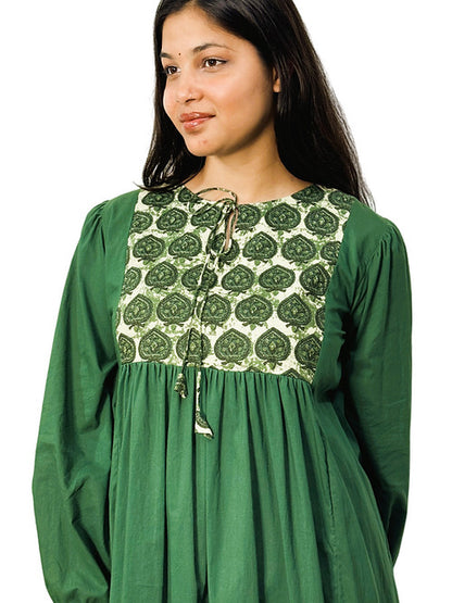 Dence Green Boho Style Casual Dress, Handmade with Premium Cotton