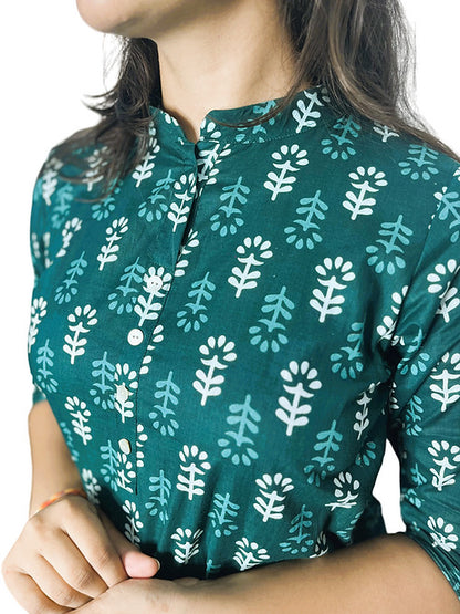Green Butta Print Casual Straight Kurta, Handmade with Premium Cotton