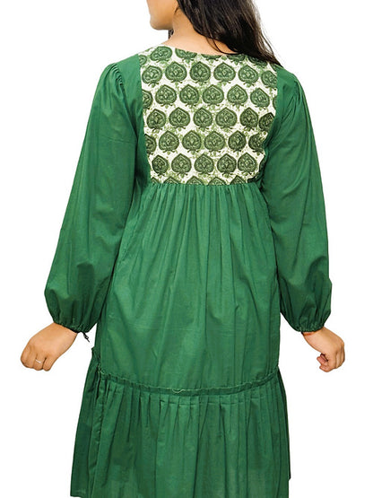 Dence Green Boho Style Casual Dress, Handmade with Premium Cotton