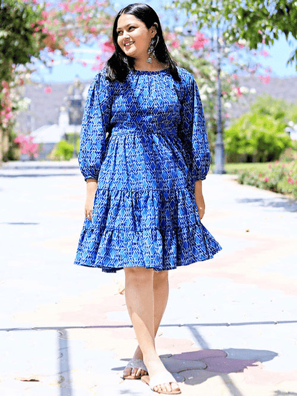Natural Blue Indigo Boho Style Dress, Handmade with Premium Cotton