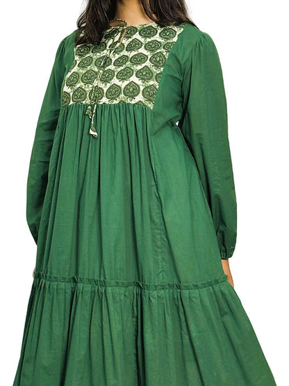 Dence Green Boho Style Casual Dress, Handmade with Premium Cotton