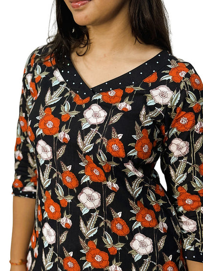 Orange & White Floral Casual Straight Kurta, Handmade with Premium Cotton