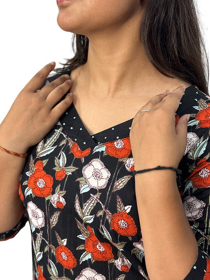 Orange & White Floral Casual Straight Kurta, Handmade with Premium Cotton