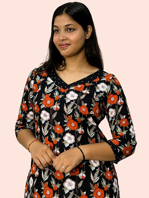 Orange & White Floral Casual Straight Kurta, Handmade with Premium Cotton