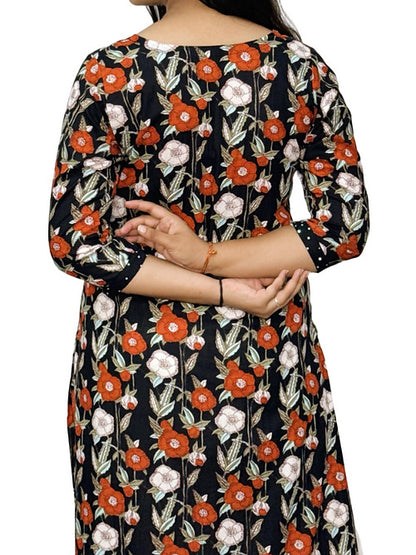 Orange & White Floral Casual Straight Kurta, Handmade with Premium Cotton