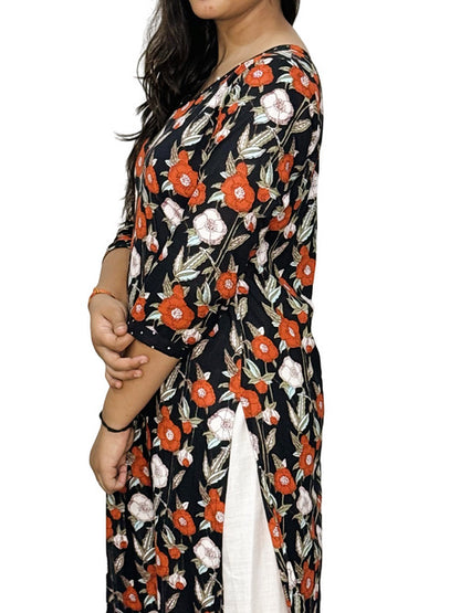 Orange & White Floral Casual Straight Kurta, Handmade with Premium Cotton